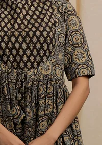 Olive Green Ajrakh Print Front Tie-up Gathered and Flared Overlay image 5