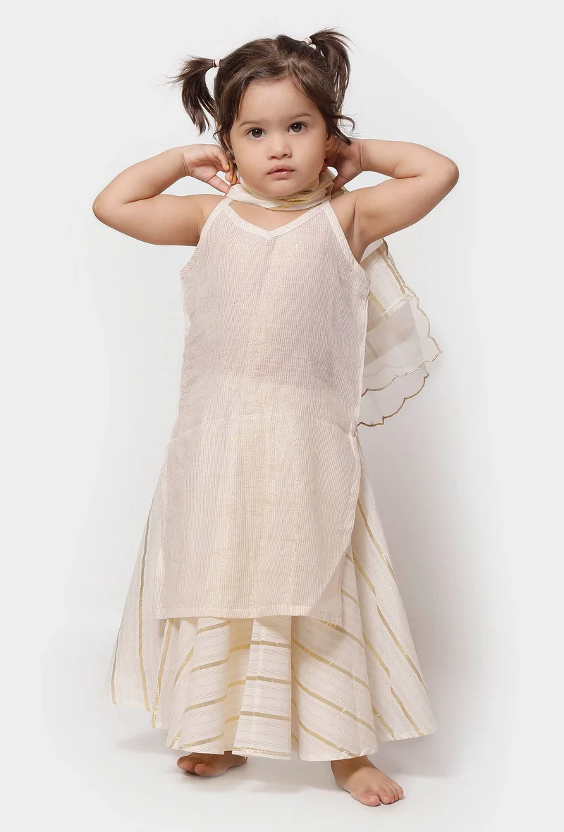 Set of 3 - Gold White Malmal Slip With Gold Stripes Skirt and Dupatta