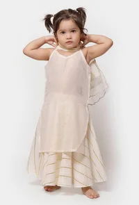 Set of 3 - Gold White Malmal Slip With Gold Stripes Skirt and Dupatta image 1