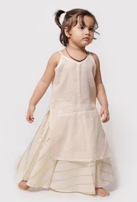 Set of 3 - Gold White Malmal Slip With Gold Stripes Skirt and Dupatta image 2