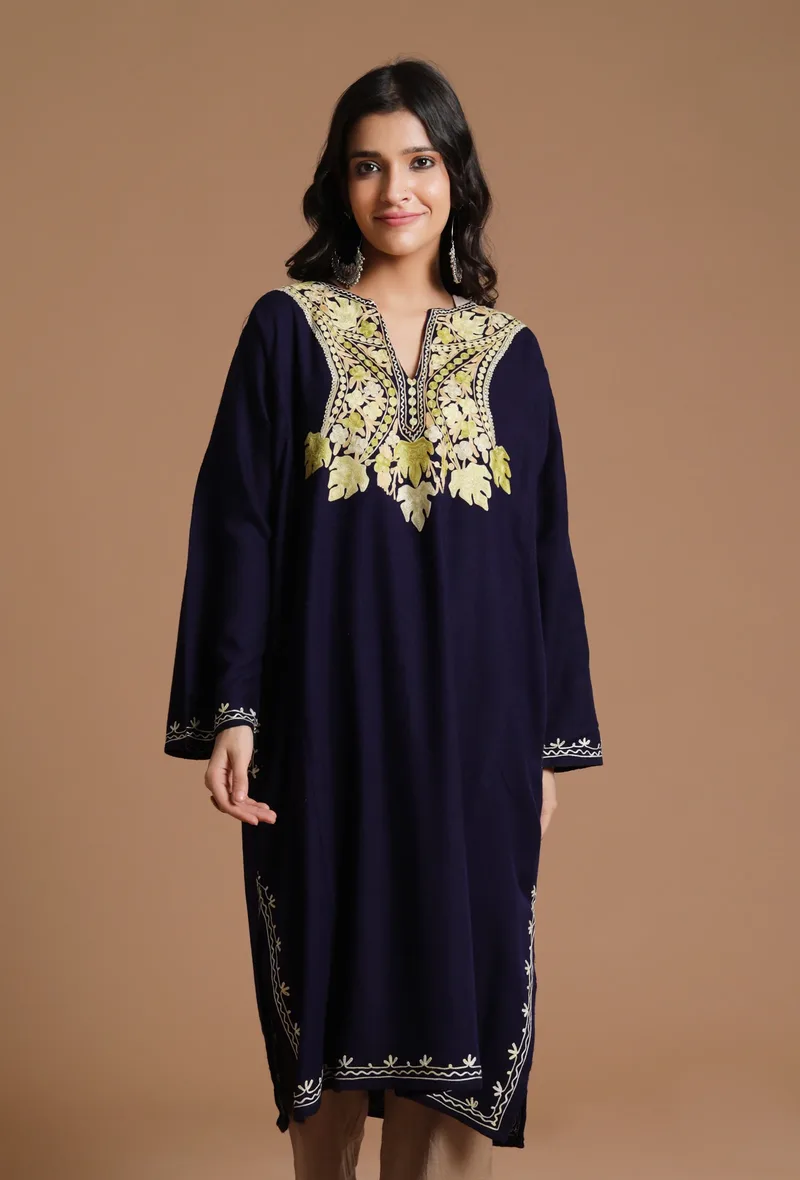 Dark Navy Aari Embroidered Kashmiri Phiran-Free Size