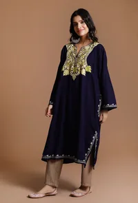 Dark Navy Aari Embroidered Kashmiri Phiran-Free Size image 3