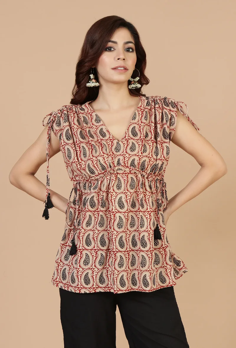 Red & Black Baagh Block Print Cotton Top with Tassels