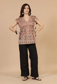 Red & Black Baagh Block Print Cotton Top with Tassels image 2