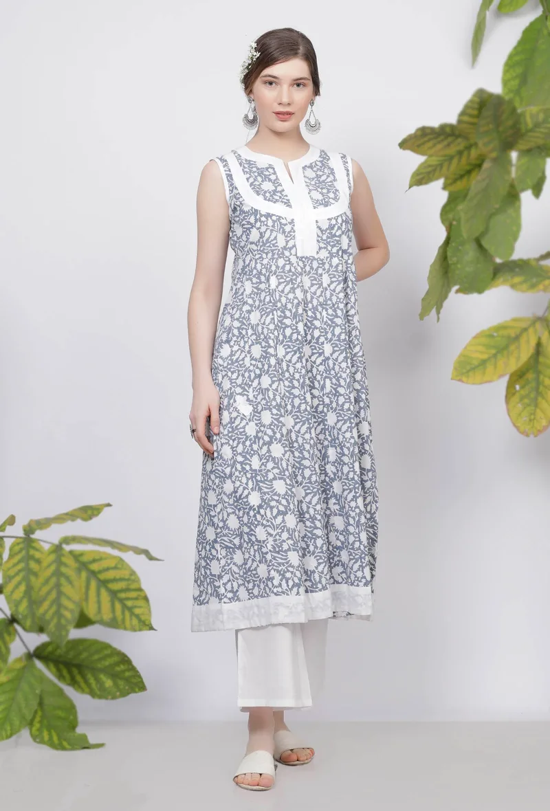 Set of 2: Powder Blue Floral Hand-Block Printed Cotton Sleeveless Flared Kurta With White Cotton Palazzo
