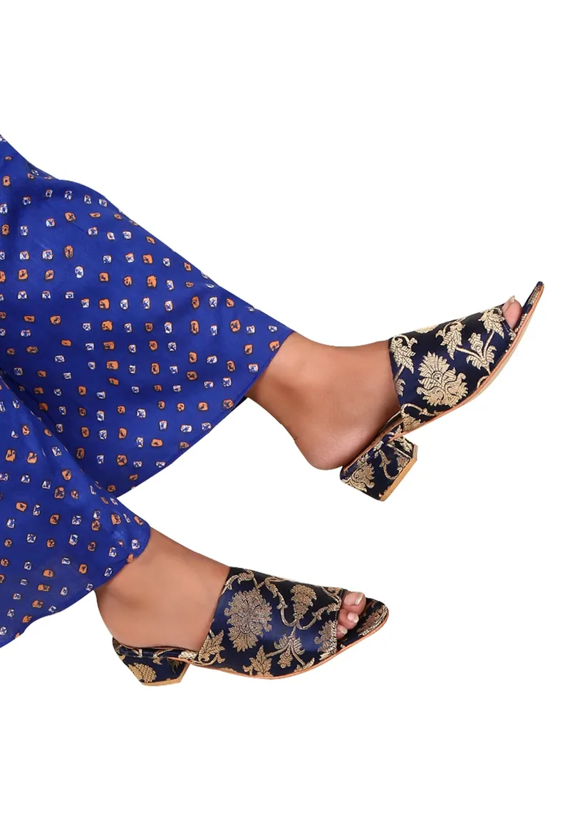 Black Brocade Block Heels