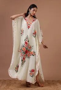 Off-White Silk Ari Embroidered Kaftan- Free Size image 1