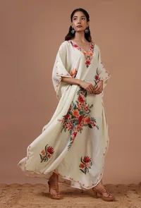 Off-White Silk Ari Embroidered Kaftan- Free Size image 2