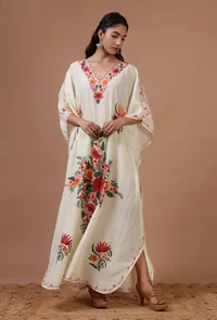 Off-White Silk Ari Embroidered Kaftan- Free Size image 3