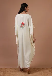 Off-White Silk Ari Embroidered Kaftan- Free Size image 4