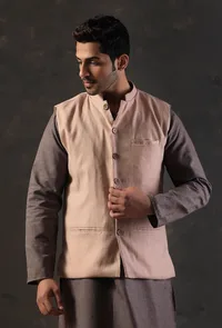 Cream Beige Blend Nehru Jacket image 2