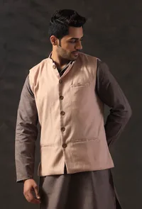 Cream Beige Blend Nehru Jacket image 3