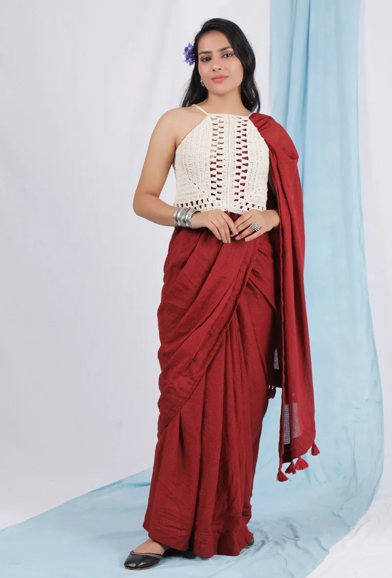 Maroon kota tassel embellished saree