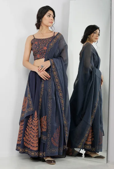 Indigo Blue Hand-Block Printed Kota Dupatta