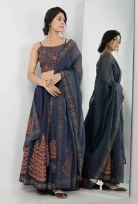 Indigo Blue Hand-Block Printed Kota Dupatta image 1