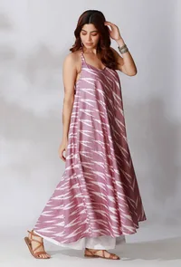 Set Of 2- Purple Ikkat Flared Kurta with White Cotton Flared Pants image 1