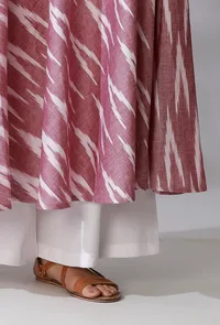 Set Of 2- Purple Ikkat Flared Kurta with White Cotton Flared Pants image 4