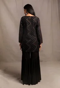 Set of 2: Black Hand Block Printed Straight Short Kurta with Black Solid Cotton Rayon Sharara image 3