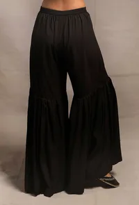 Set of 2: Black Hand Block Printed Straight Short Kurta with Black Solid Cotton Rayon Sharara image 5