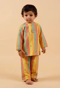Set Of 2: Yellow Striped Woven Kurta With Striped Woven Pant image 1