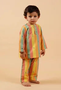 Set Of 2: Yellow Striped Woven Kurta With Striped Woven Pant image 2