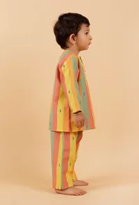 Set Of 2: Yellow Striped Woven Kurta With Striped Woven Pant image 3