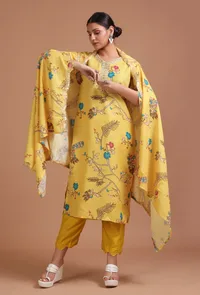 Set Of 3: Yellow Cotton Printed Kurta With Pant & Dupatta image 2