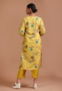 Set Of 3: Yellow Cotton Printed Kurta With Pant & Dupatta image 5