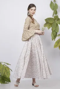 Muse Brown Quatrefoil Hand-Block Printed Bell Sleeves Cotton Blouse image 1