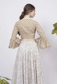 Muse Brown Quatrefoil Hand-Block Printed Bell Sleeves Cotton Blouse image 3