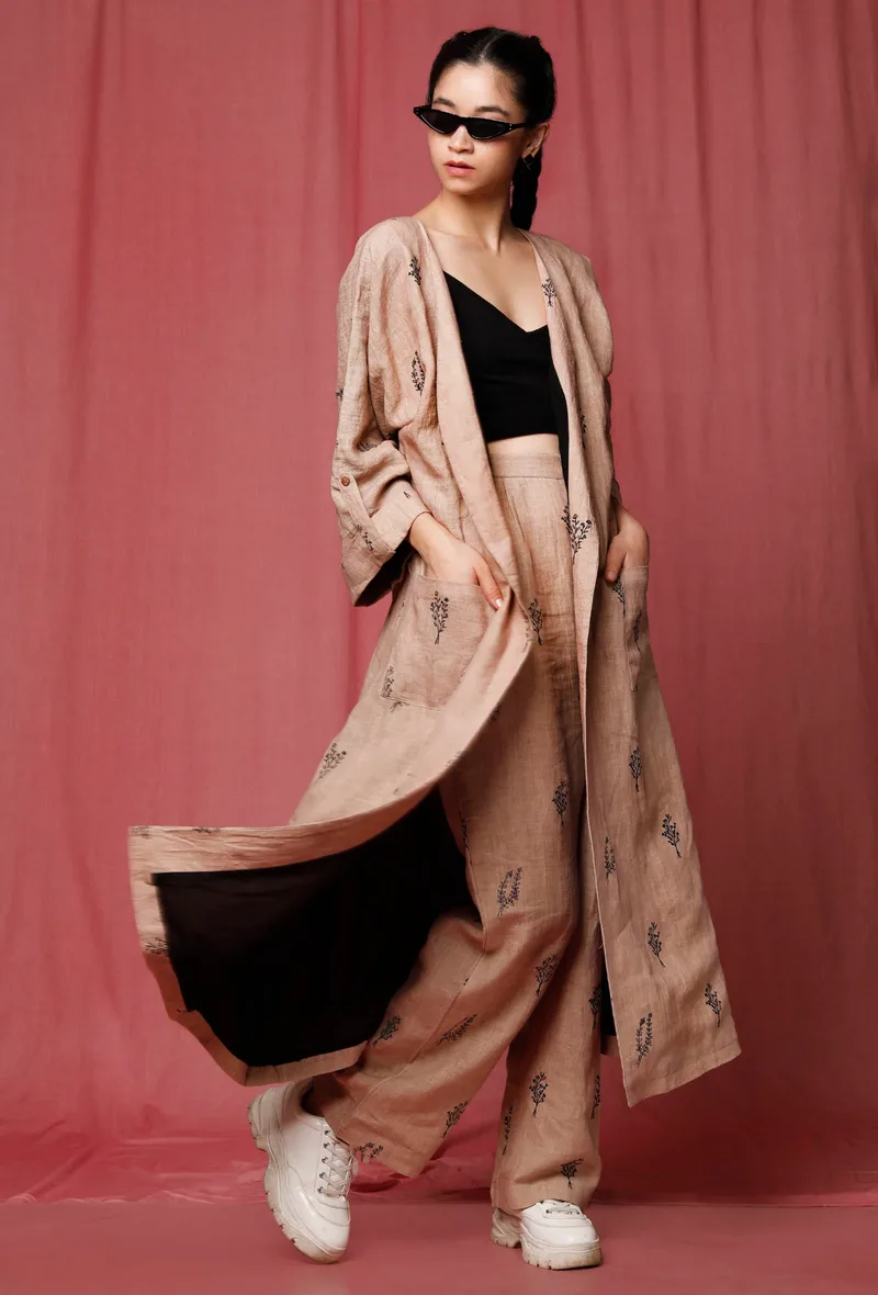 Pastel Brown Handblock Printed Linen Long Overcoat