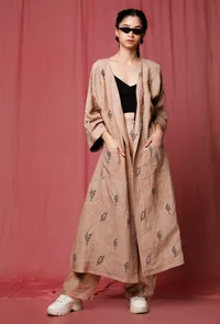 Pastel Brown Handblock Printed Linen Long Overcoat image 2