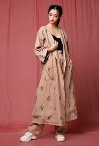 Pastel Brown Handblock Printed Linen Long Overcoat image 3