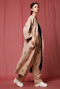 Pastel Brown Handblock Printed Linen Long Overcoat image 4