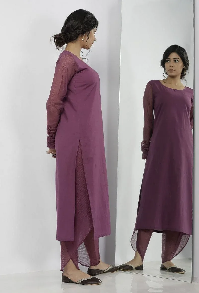 Iya Purple Round Neck Straight Fit Cotton and Kota Sleeves Plain Kurta