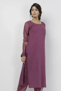 Iya Purple Round Neck Straight Fit Cotton and Kota Sleeves Plain Kurta image 2