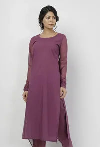 Iya Purple Round Neck Straight Fit Cotton and Kota Sleeves Plain Kurta image 3