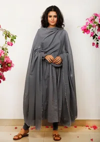 Set of 3: Grey Gathered Cotton plain Kurta with Kota Dupatta and Grey plain Cotton Churidar image 1