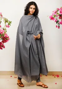 Set of 3: Grey Gathered Cotton plain Kurta with Kota Dupatta and Grey plain Cotton Churidar image 2