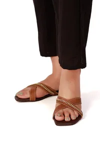 Tan Brown Criss Cross Cruelty-Free Leather Flats image 1