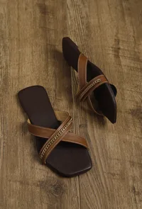 Tan Brown Criss Cross Cruelty-Free Leather Flats image 2