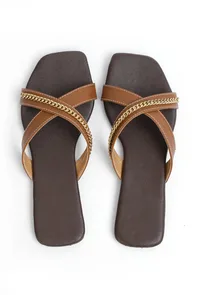 Tan Brown Criss Cross Cruelty-Free Leather Flats image 3