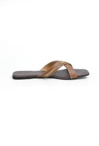 Tan Brown Criss Cross Cruelty-Free Leather Flats image 4