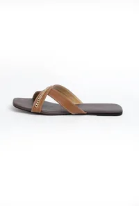 Tan Brown Criss Cross Cruelty-Free Leather Flats image 5