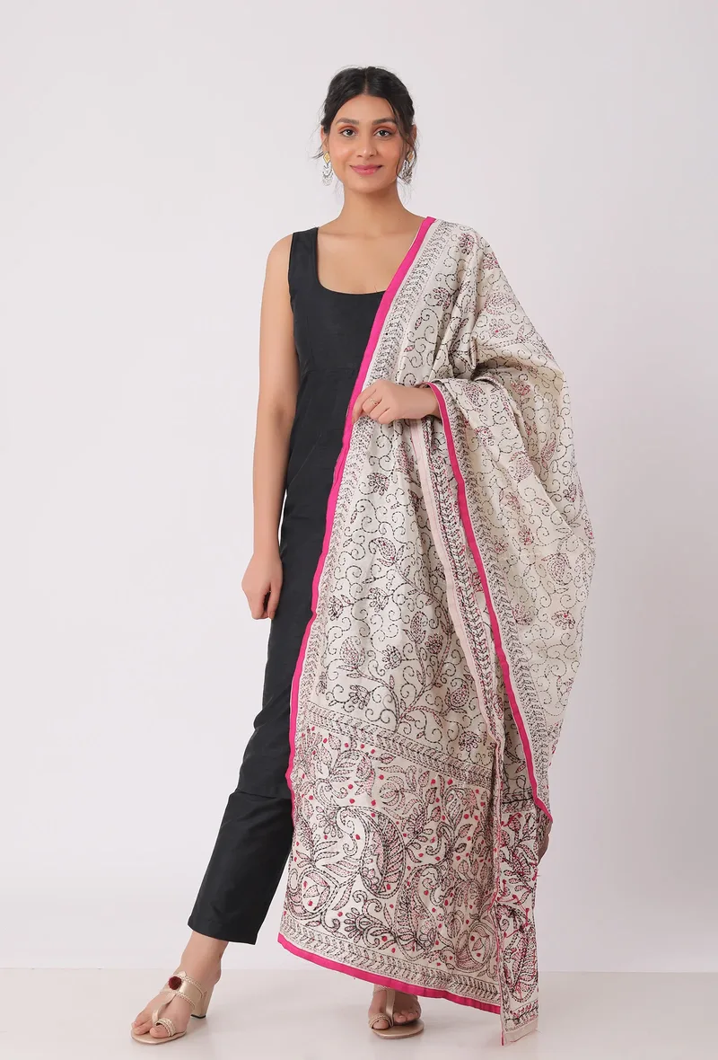 Mitali hand embriodered kantha silk dupatta