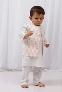 Set Of 3: White Cotton Kurta, Pajama & Orange Hand Block Printed Nehru Jacket image 1
