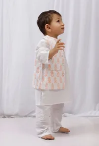 Set Of 3: White Cotton Kurta, Pajama & Orange Hand Block Printed Nehru Jacket image 2