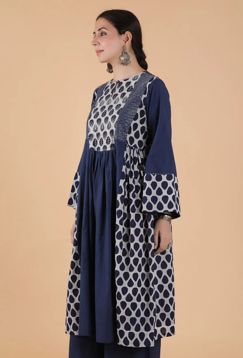 Vinita Indigo Buta Printed Panelled Gathered Kurta With Zari Embroidery