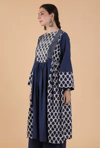 Vinita Indigo Buta Printed Panelled Gathered Kurta With Zari Embroidery image 1