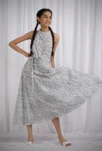 Black and White Halter Neck Cotton Dress With Belt image 1